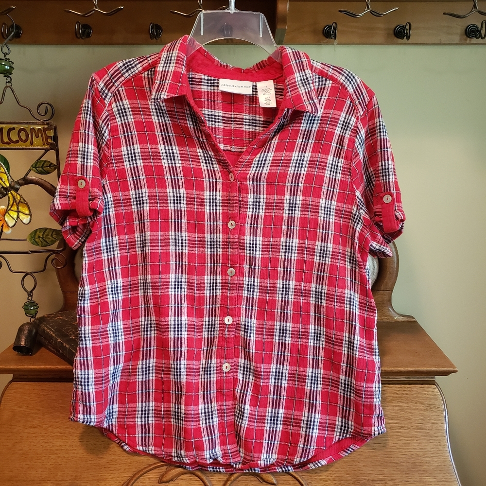 Alfred Dunner Red Plaid Button-Up Cotton  Blouse
